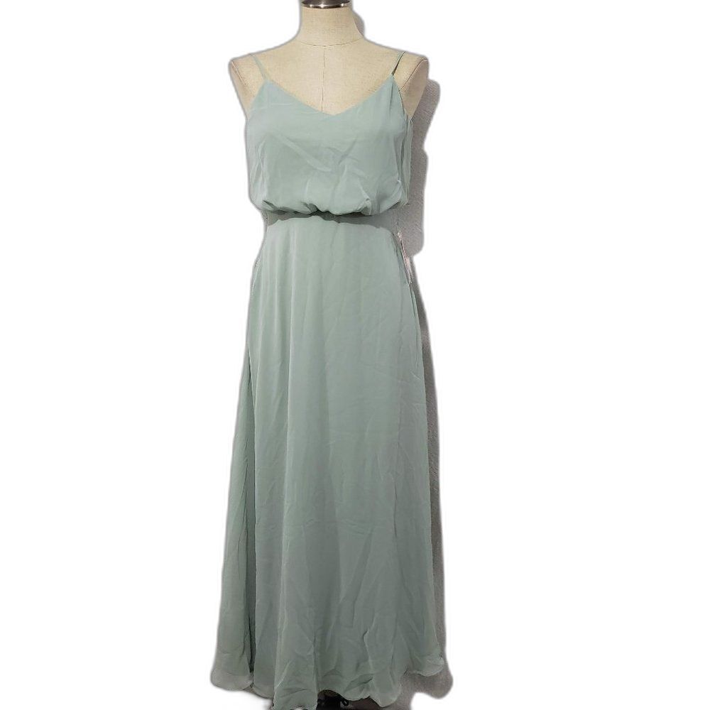 NWT Birdy Gray Light Green Maxi Formal Wedding Bridesmaid Strap Dress Chiffon S